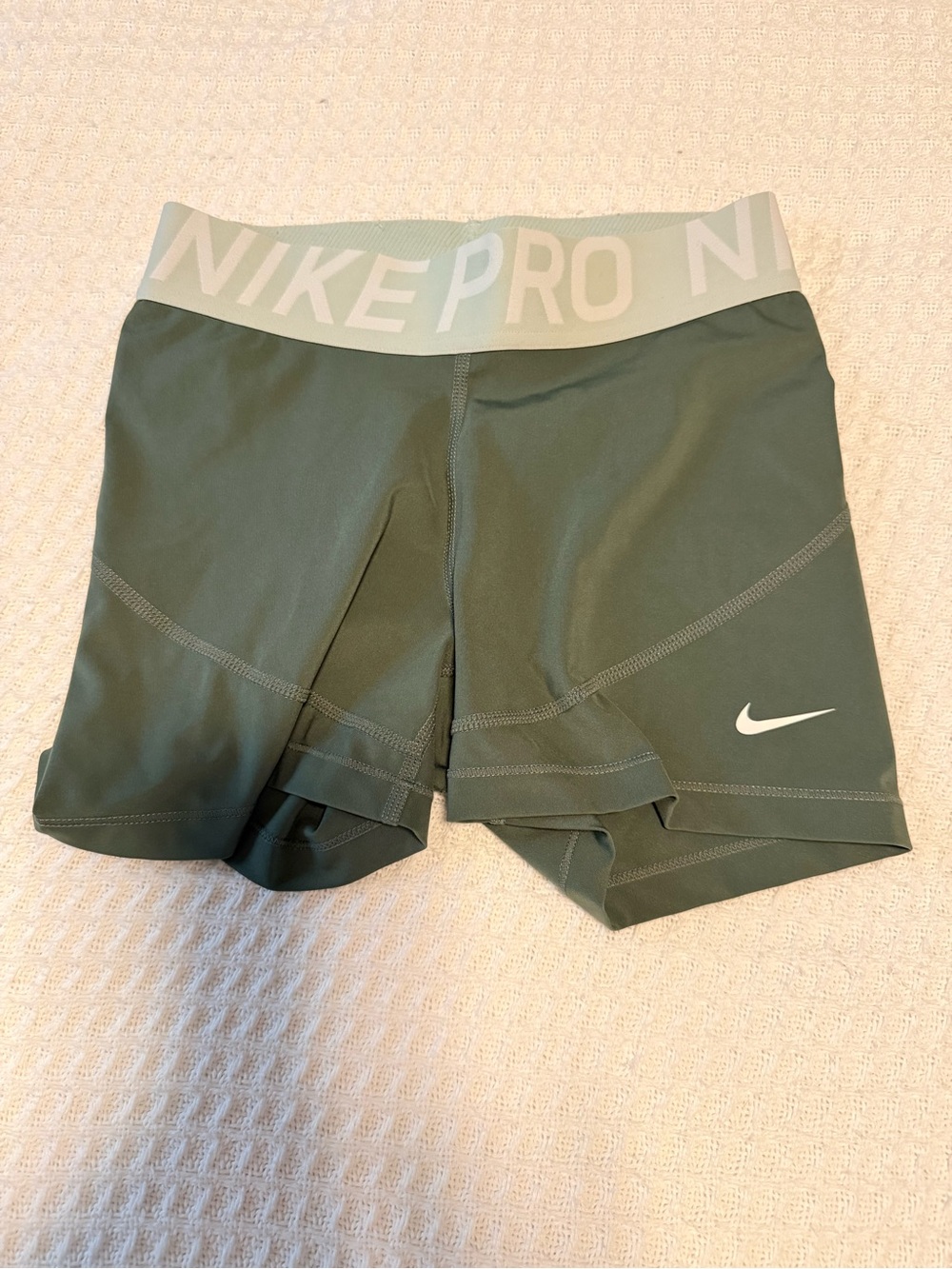 Nike Pro Olive Green Women's Training Shorts with White Logo Waistband